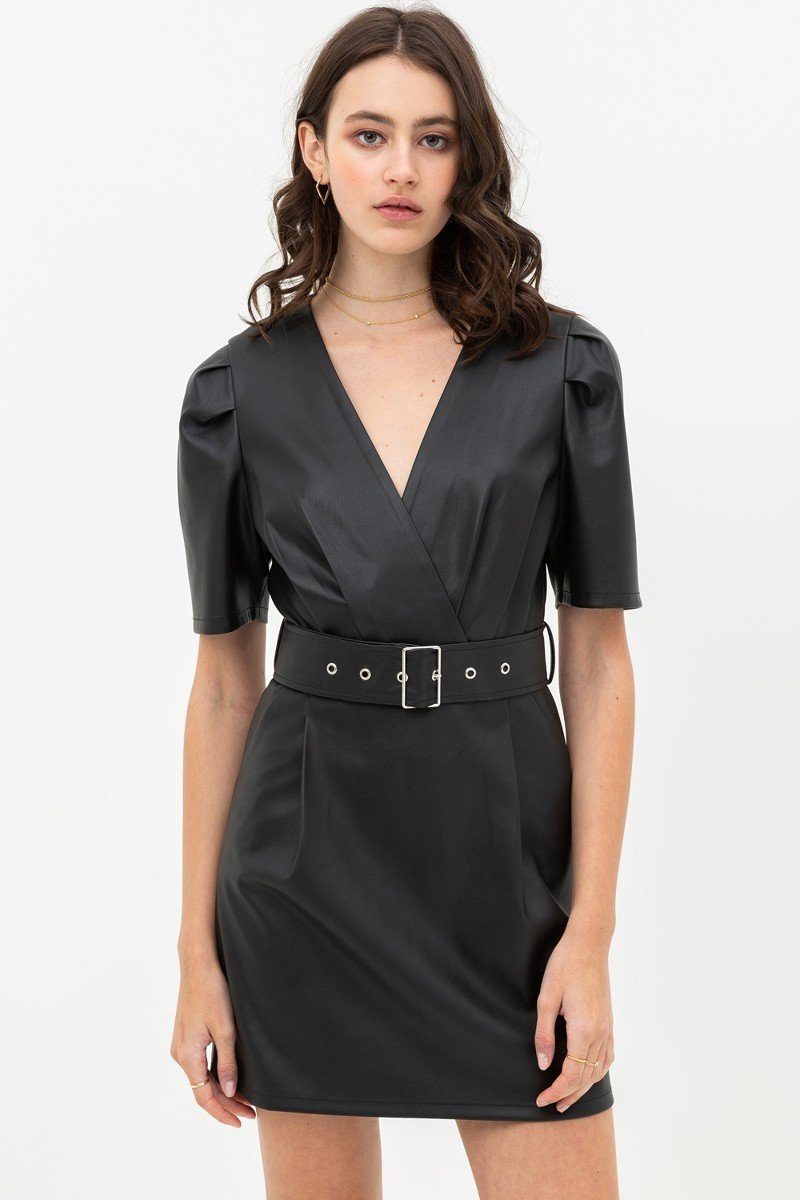 Short Sleeve V-neck Pleather Dress with Belt