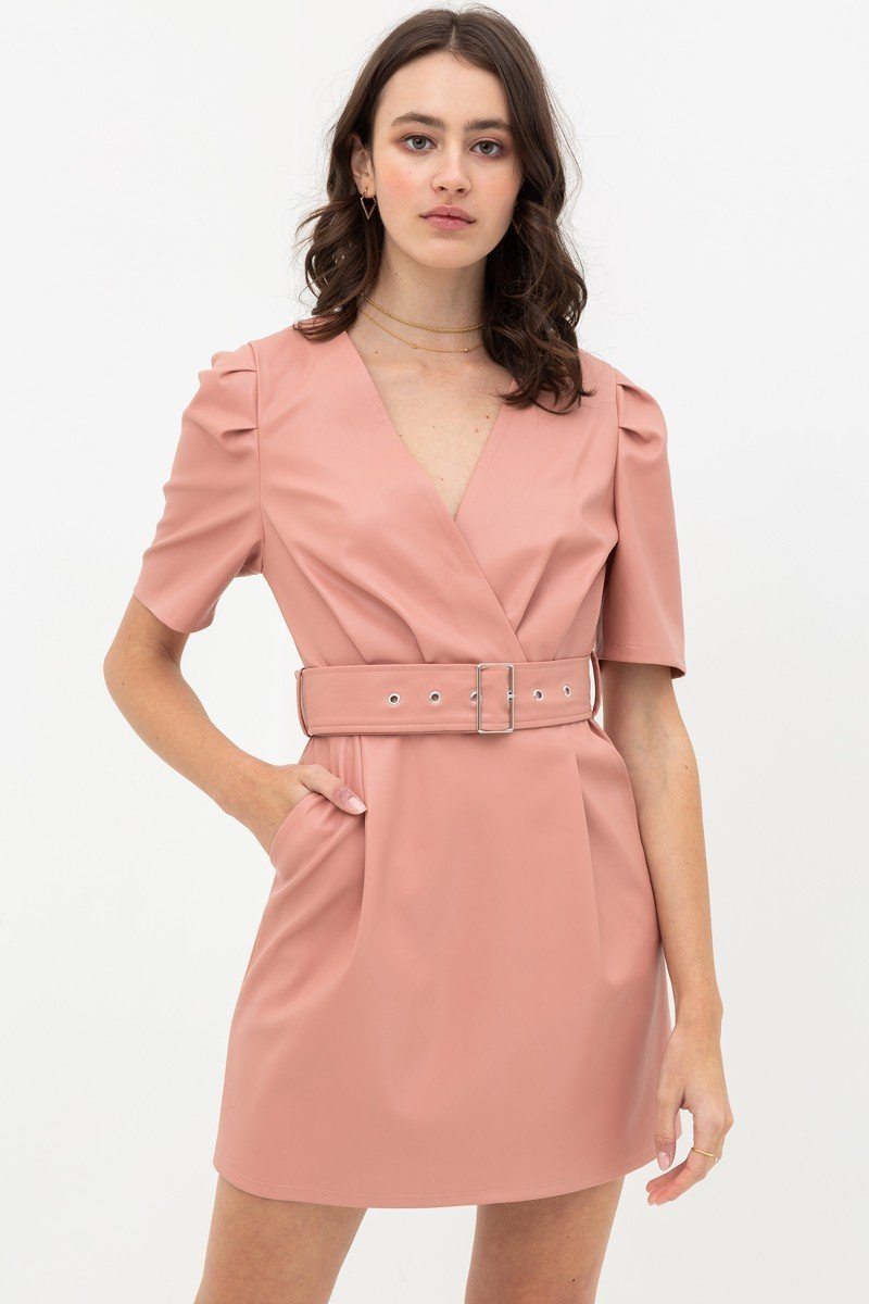 Short Sleeve V-neck Pleather Dress with Belt