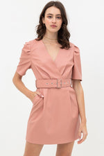 Load image into Gallery viewer, Short Sleeve V-neck Pleather Dress with Belt
