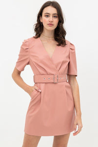 Short Sleeve V-neck Pleather Dress with Belt