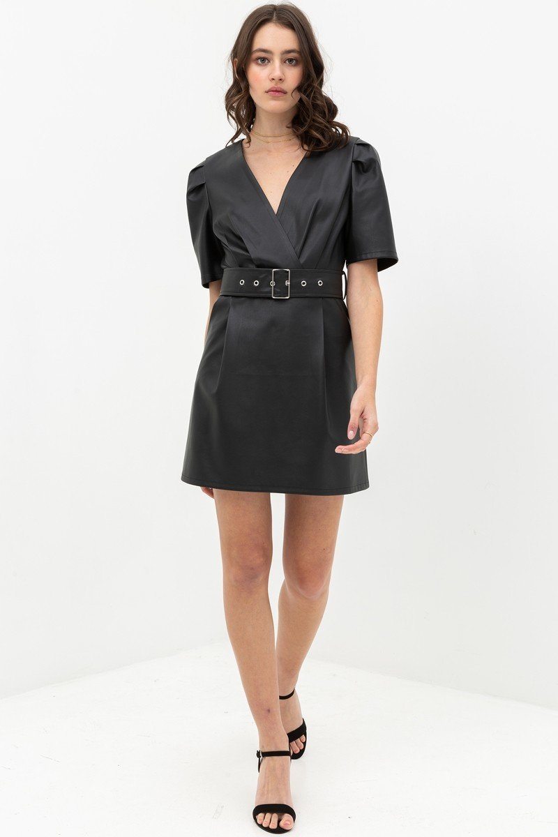 Short Sleeve V-neck Pleather Dress with Belt