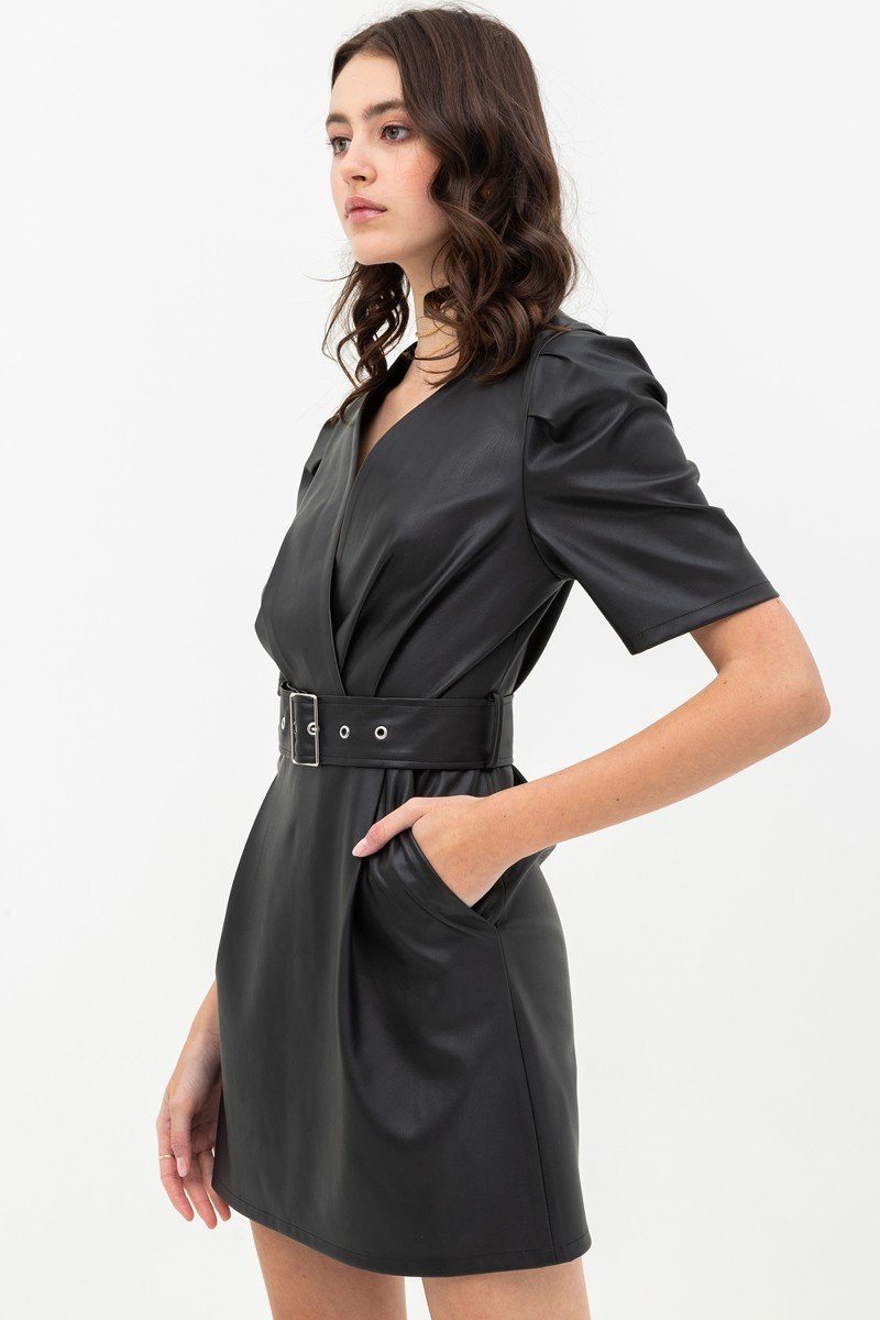 Short Sleeve V-neck Pleather Dress with Belt