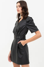 Load image into Gallery viewer, Short Sleeve V-neck Pleather Dress with Belt
