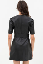 Load image into Gallery viewer, Short Sleeve V-neck Pleather Dress with Belt
