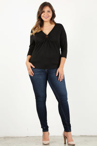 3/4 Sleeve V-neck with Gathered O-ring Bust Detail