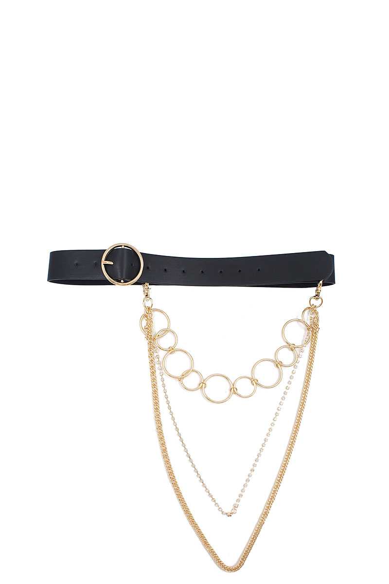 Round Buckle Belt with Triple Layer Chain Accent