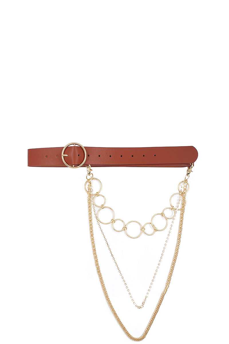 Round Buckle Belt with Triple Layer Chain Accent