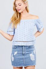 Load image into Gallery viewer, Elbow Sleeve Off The Shoulder Eyelet Detail Top
