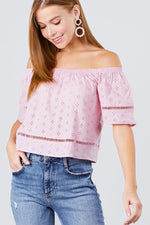 Load image into Gallery viewer, Elbow Sleeve Off The Shoulder Eyelet Detail Top
