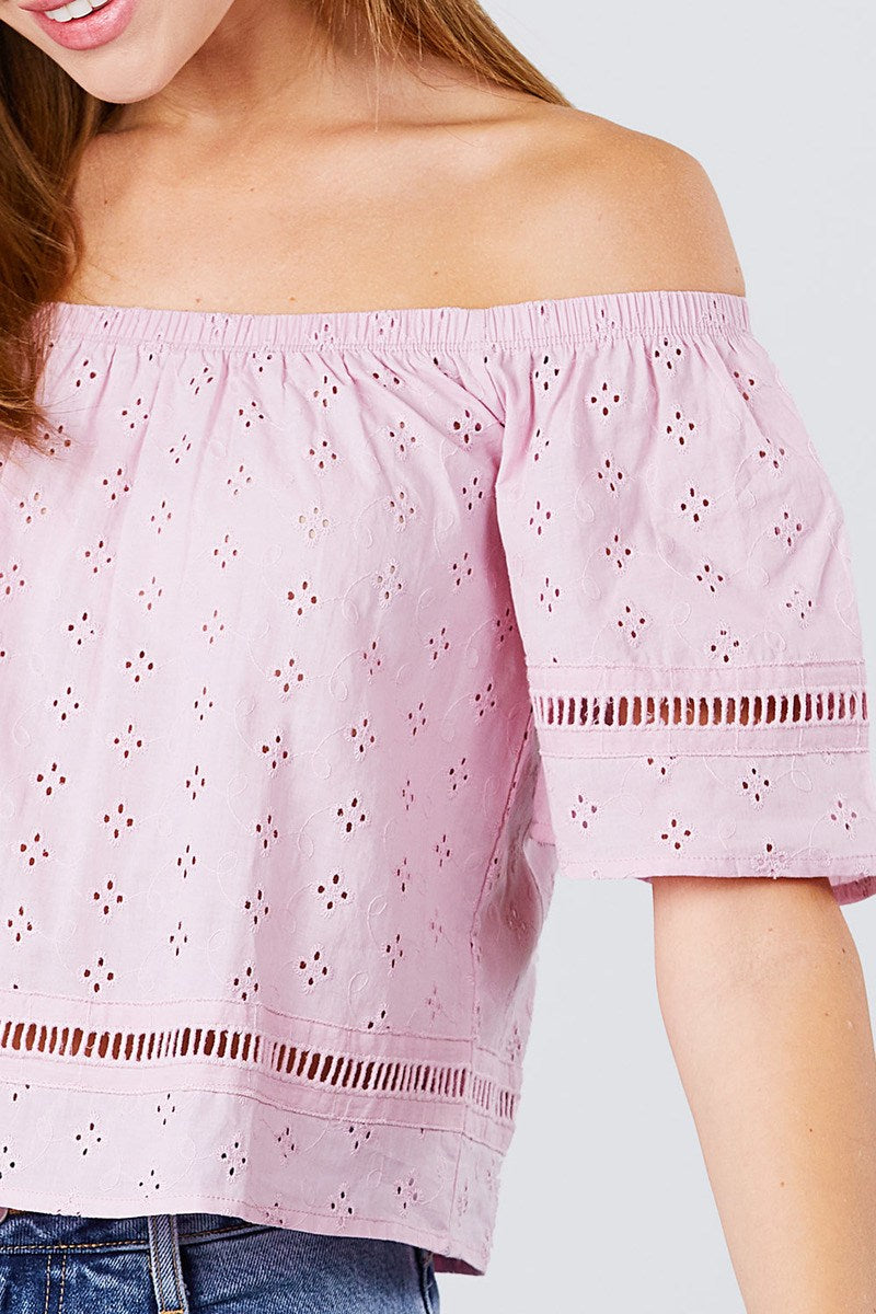 Elbow Sleeve Off The Shoulder Eyelet Detail Top