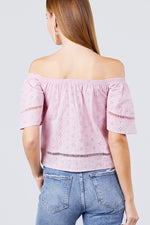 Load image into Gallery viewer, Elbow Sleeve Off The Shoulder Eyelet Detail Top
