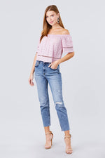 Load image into Gallery viewer, Elbow Sleeve Off The Shoulder Eyelet Detail Top
