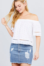 Load image into Gallery viewer, Elbow Sleeve Off The Shoulder Eyelet Detail Top
