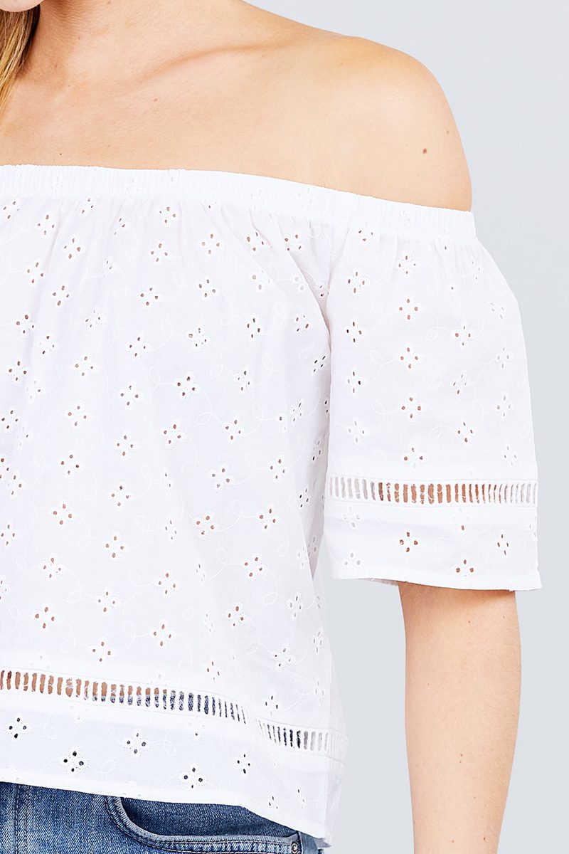 Elbow Sleeve Off The Shoulder Eyelet Detail Top