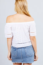 Load image into Gallery viewer, Elbow Sleeve Off The Shoulder Eyelet Detail Top
