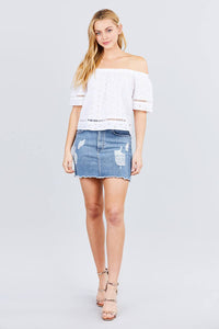 Elbow Sleeve Off The Shoulder Eyelet Detail Top