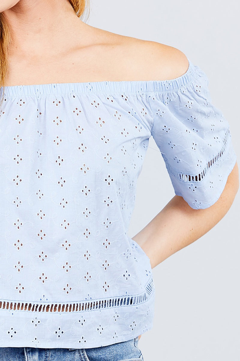 Elbow Sleeve Off The Shoulder Eyelet Detail Top