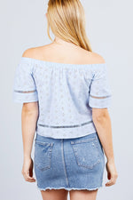 Load image into Gallery viewer, Elbow Sleeve Off The Shoulder Eyelet Detail Top
