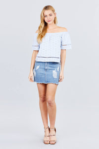 Elbow Sleeve Off The Shoulder Eyelet Detail Top