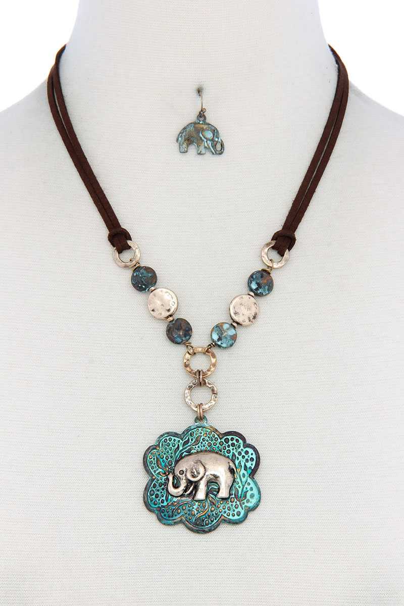 Elephant Pendant Hammered Coin Suede Necklace