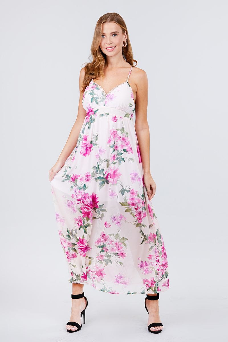 Deep V-neck W/cross Strap Print Maxi Dress