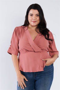 Plus Size V-neck Mock Side Button Peplum Top