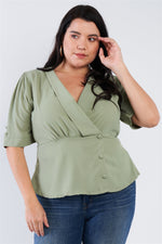 Load image into Gallery viewer, Plus Size V-neck Mock Side Button Peplum Top
