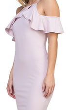 Load image into Gallery viewer, Ruffle Open Shoulder Halter Dress
