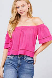 Elbow Sleeve Off The Shoulder Lace Trim Woven Top