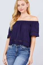 Load image into Gallery viewer, Elbow Sleeve Off The Shoulder Lace Trim Woven Top
