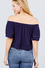 Load image into Gallery viewer, Elbow Sleeve Off The Shoulder Lace Trim Woven Top
