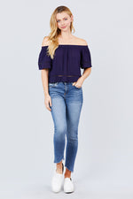 Load image into Gallery viewer, Elbow Sleeve Off The Shoulder Lace Trim Woven Top
