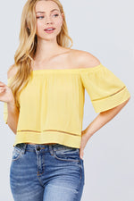 Load image into Gallery viewer, Elbow Sleeve Off The Shoulder Lace Trim Woven Top
