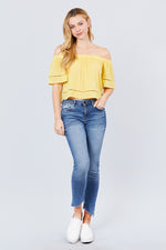 Load image into Gallery viewer, Elbow Sleeve Off The Shoulder Lace Trim Woven Top
