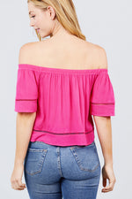 Load image into Gallery viewer, Elbow Sleeve Off The Shoulder Lace Trim Woven Top
