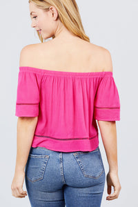 Elbow Sleeve Off The Shoulder Lace Trim Woven Top