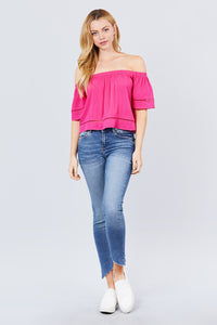 Elbow Sleeve Off The Shoulder Lace Trim Woven Top