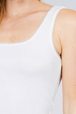 Load image into Gallery viewer, Sleeveless Double Scoop Neck Lace Trim Detail Pointelle Knit Top
