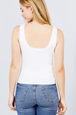 Load image into Gallery viewer, Sleeveless Double Scoop Neck Lace Trim Detail Pointelle Knit Top
