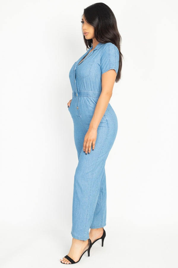 Button Front Elasticized Waist Jumpsuit