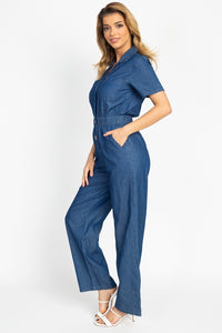 Button Front Elasticized Waist Jumpsuit