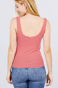 Sleeveless Double Scoop Neck Stripe Rib Knit Top