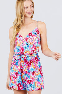 V-neck Adjustable Straps Waist Belt Printed Knit Romper