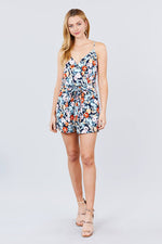 Load image into Gallery viewer, V-neck Adjustable Straps Waist Belt Printed Knit Romper
