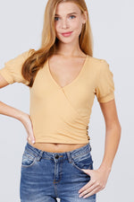 Load image into Gallery viewer, Short Puff Sleeve Surplice Neckline Rib Knit Top
