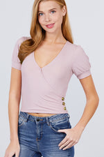 Load image into Gallery viewer, Short Puff Sleeve Surplice Neckline Rib Knit Top
