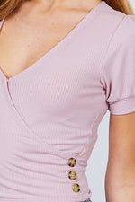 Load image into Gallery viewer, Short Puff Sleeve Surplice Neckline Rib Knit Top
