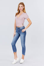 Load image into Gallery viewer, Short Puff Sleeve Surplice Neckline Rib Knit Top
