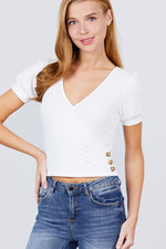 Load image into Gallery viewer, Short Puff Sleeve Surplice Neckline Rib Knit Top
