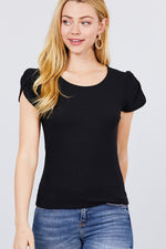 Load image into Gallery viewer, Short Tulip Puff Sleeve Round Neck Rib Knit Top
